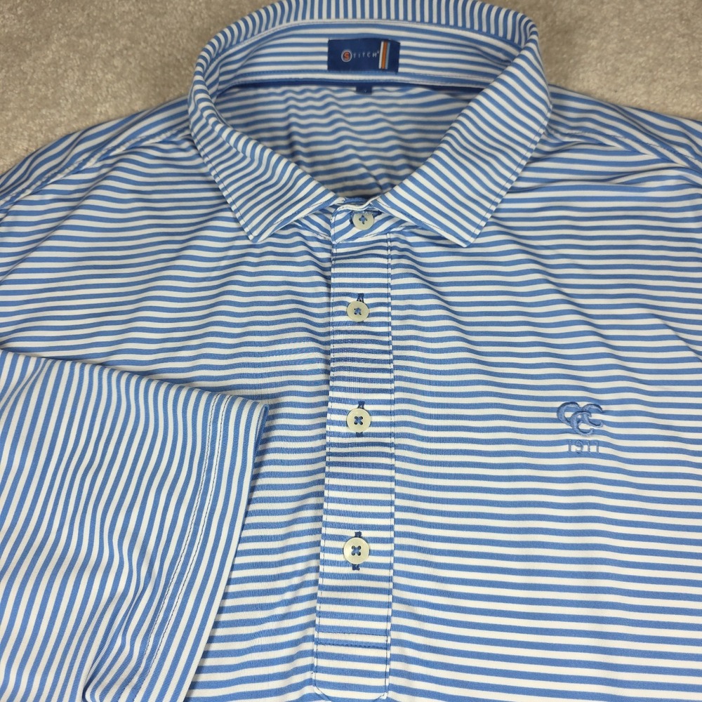 Stitch Polo Shirt Mens XL Blue White Striped CCC 1911 Golf Performance Stretch